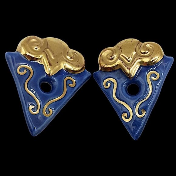 Geometric Abstract Earrings Clip On Terracotta Clay Handpainted Large Blue Gold - Picture 13 of 16